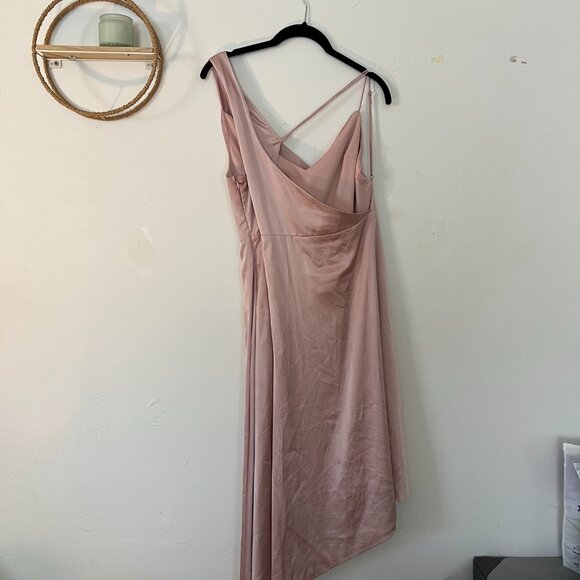 Lulus Sereno Mauve Pink Satin Cowl Neck Asymmetrical Midi Dress, Size L - Picture 5 of 6